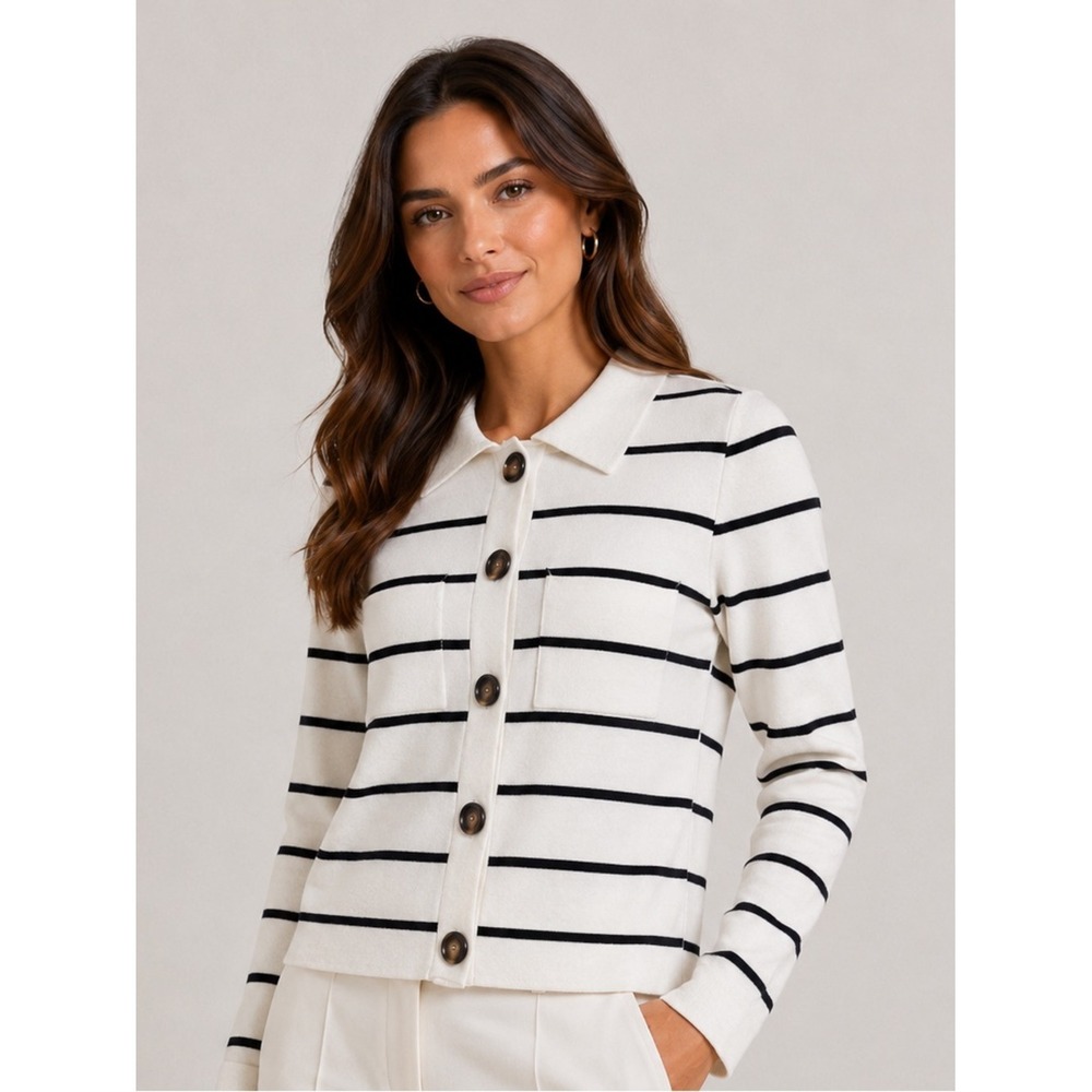 Striped Button Down Cardigan Polo Collar Knit Sweater Ivory Navy Pockets